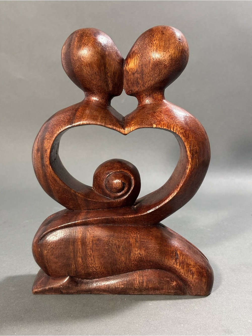 Handcrafted Wooden Heart Embrace Sculpture - Brown